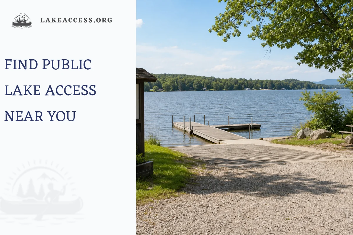 Public lake access area with dock, gravel parking, trees, and calm water.