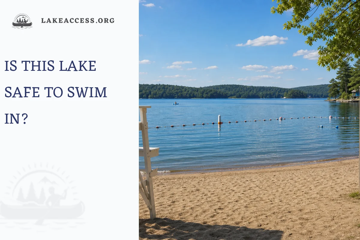 Public lake swimming beach with buoys and calm water for checking swim safety.