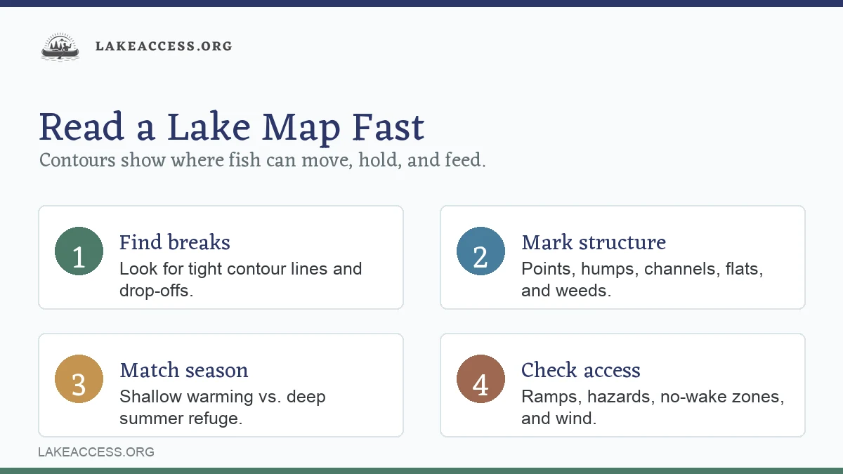 Infographic showing how anglers can read lake maps by finding breaks, structure, season patterns, and access.