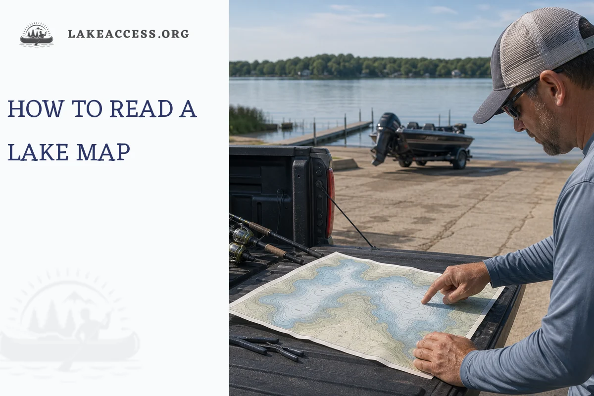 Angler reviewing a lake contour map near a boat launch before fishing.
