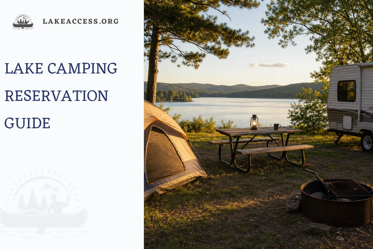 Lakeside campsite with tent, camper, picnic table, and calm water.