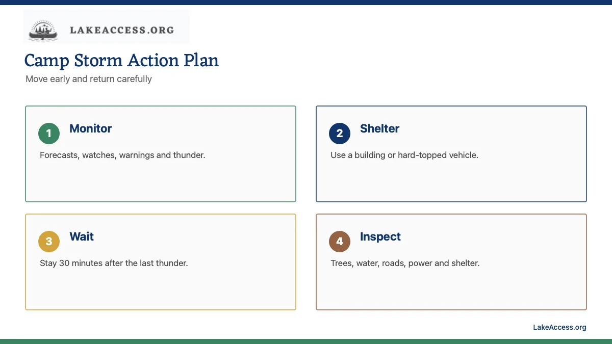 LakeAccess infographic showing four storm actions: monitor, shelter, wait, and inspect.
