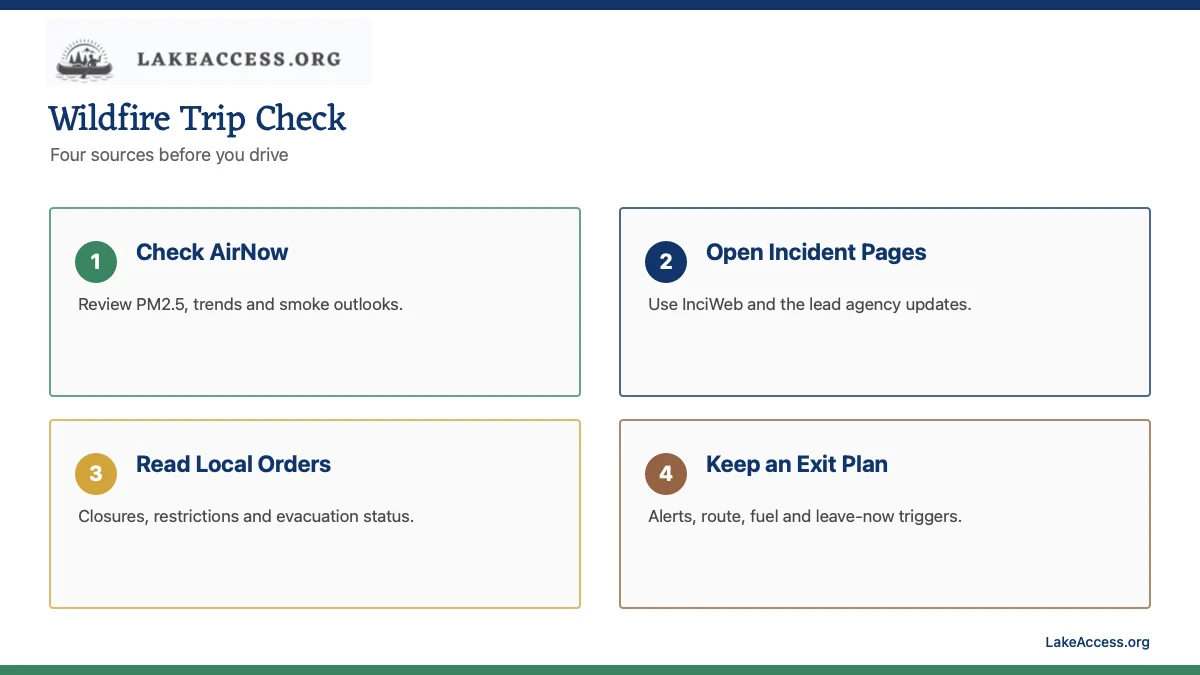 LakeAccess infographic showing four wildfire-trip checks: AirNow, incident status, local orders, and an exit plan.