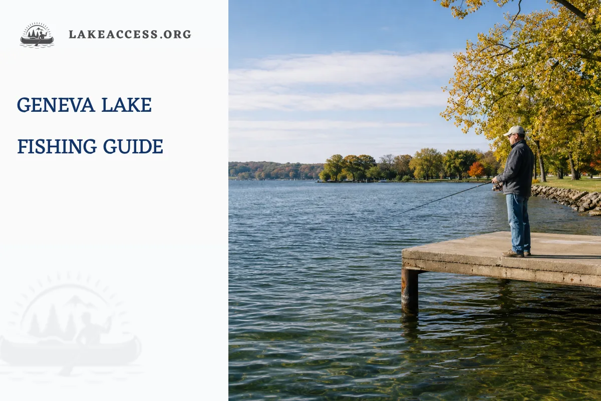 Representative angler fishing from a public lakeside platform beside a clear Wisconsin lake in autumn.