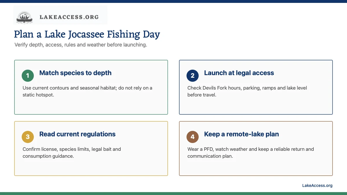 Infographic showing four Lake Jocassee fishing checks: species depth, legal access, current regulations and a remote-lake safety plan.