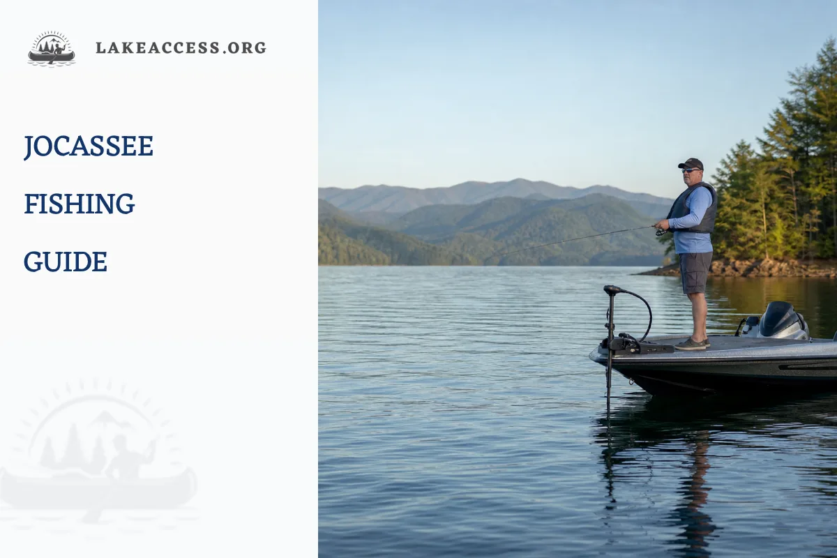 Representative angler wearing a life jacket while fishing from a boat on a deep forested mountain reservoir.