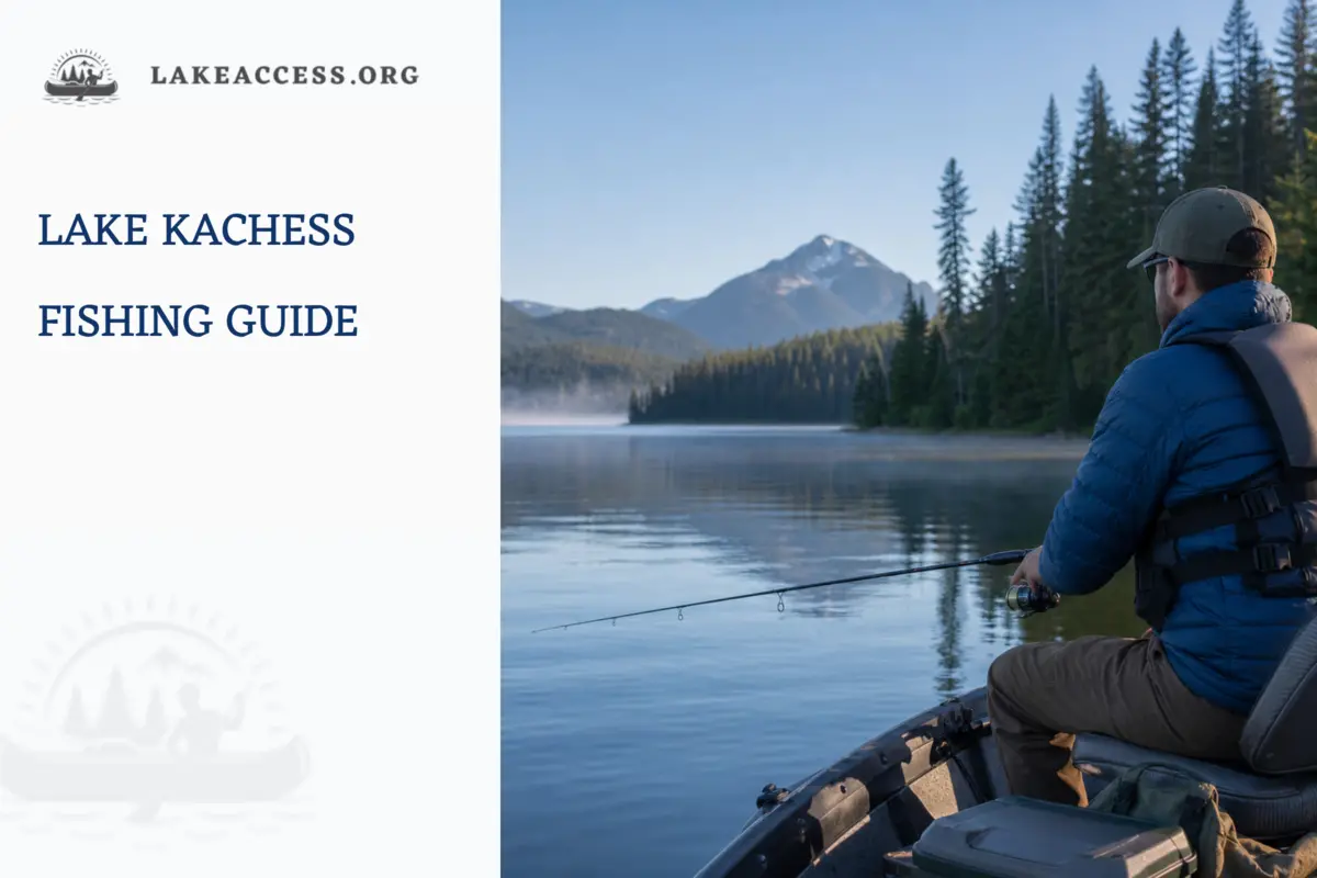Representative angler fishing safely from a small boat on a forested mountain lake.