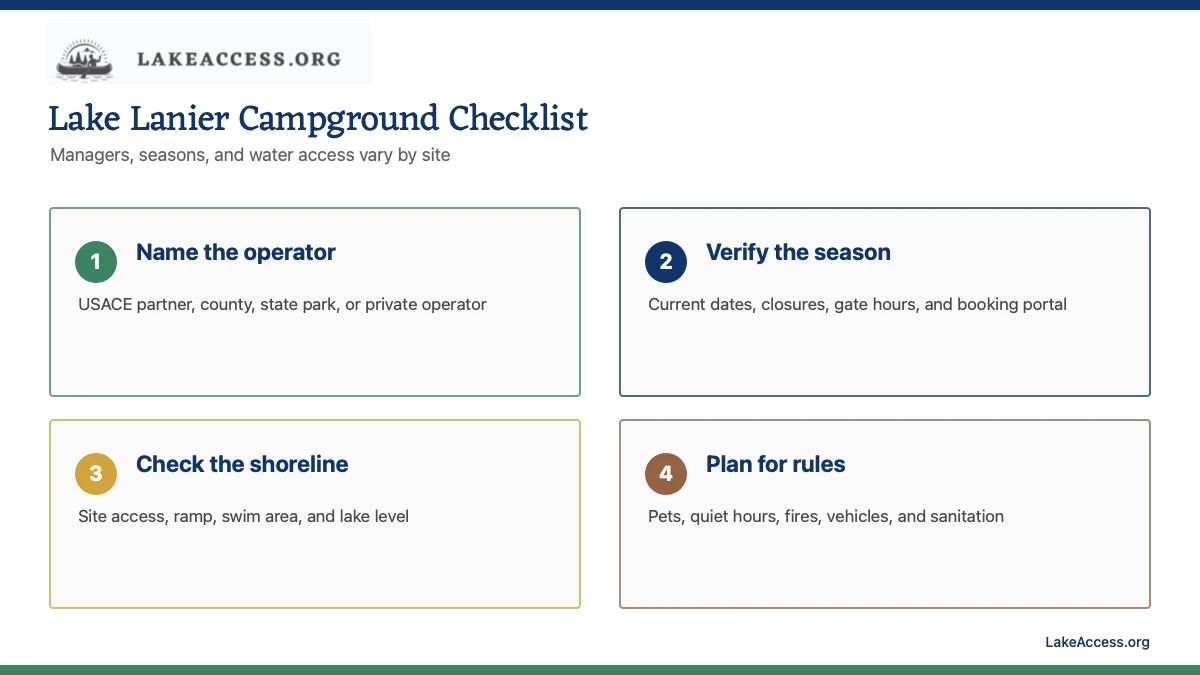 Lake Lanier campground checklist for operator, season, shoreline access and rules.