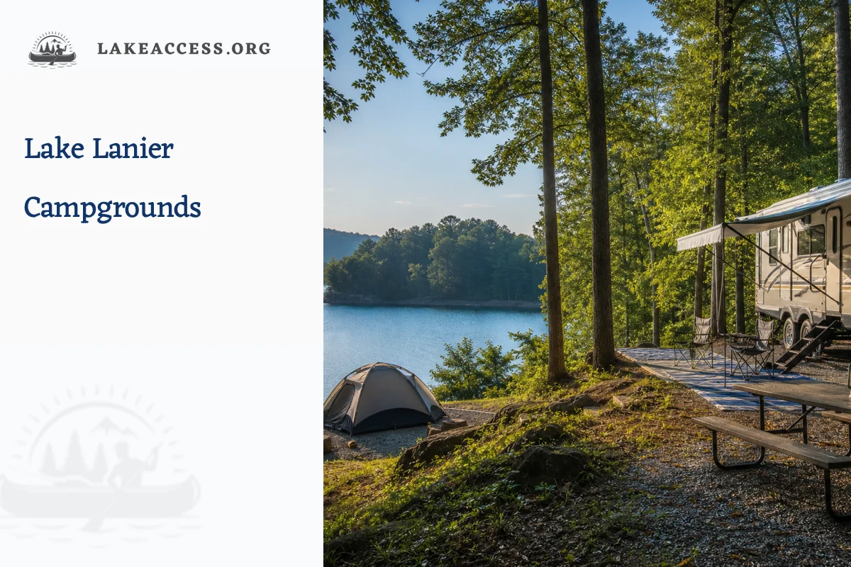 Representative forested Lake Lanier campground with an RV pad, tent and reservoir islands.