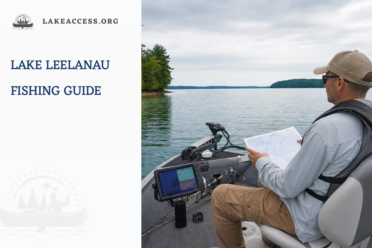Representative angler wearing a life jacket while comparing a contour map on a northern Michigan inland lake.