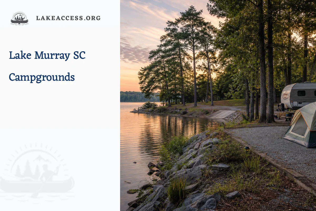 Representative Lake Murray South Carolina waterfront campsite with a tent, RV pad and distant boat ramp.