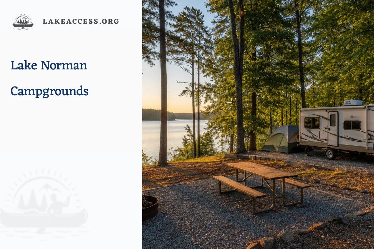 Representative wooded Lake Norman campsite with a travel trailer, tent, picnic table and reservoir view.