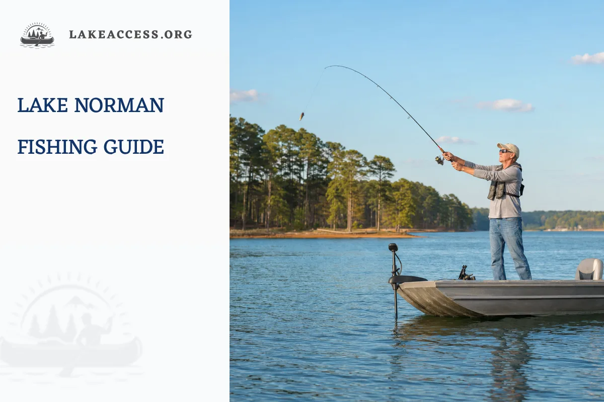 Representative angler wearing a life jacket while casting from a small boat on a broad wooded North Carolina reservoir.
