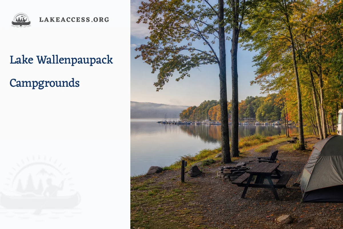 Representative Pocono forest campground beside Lake Wallenpaupack with a tent, RV and distant marina.