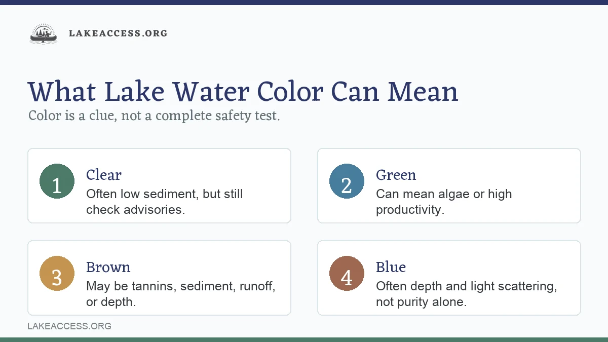 Infographic explaining what clear, green, brown, and blue lake water may indicate.