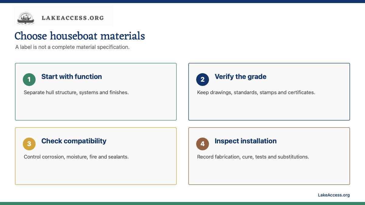 LakeAccess infographic showing four material selection checks: function, documented grade, compatibility, and installation inspection.