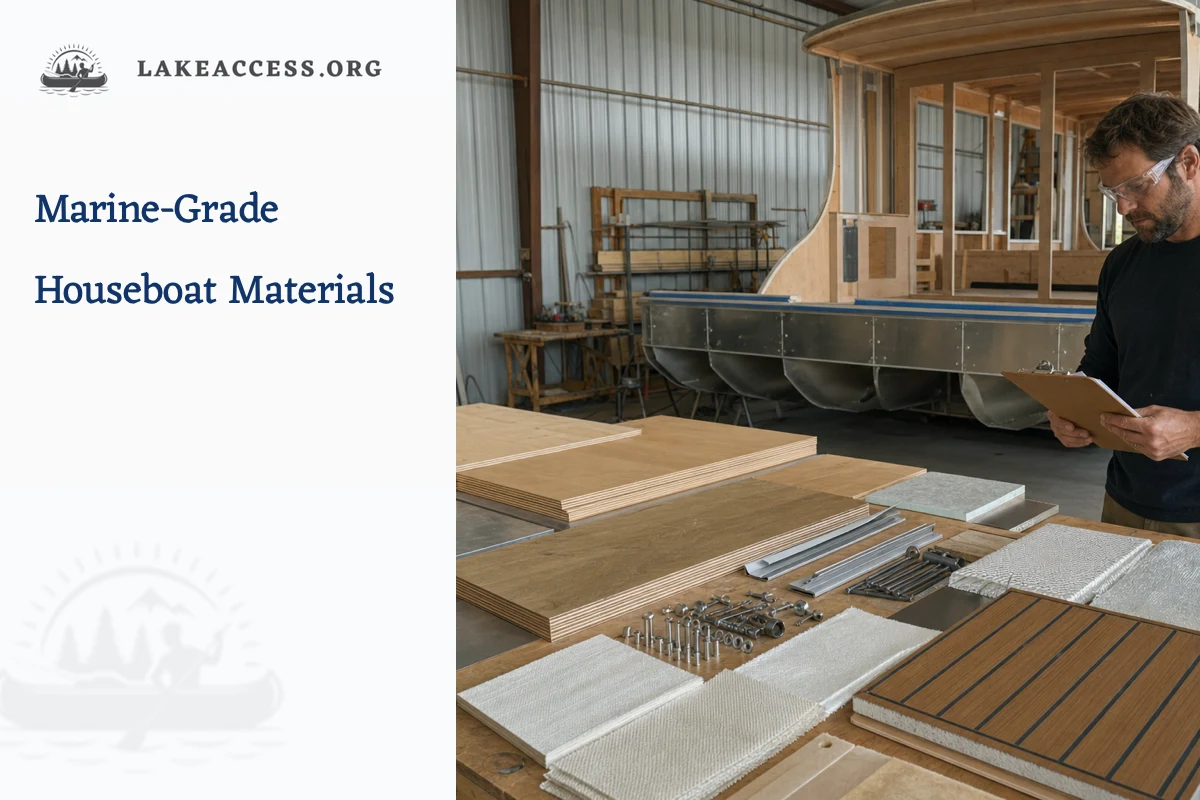 Representative boatbuilder reviewing marine plywood, aluminum, fasteners, fiberglass and insulation samples beside an unfinished houseboat.