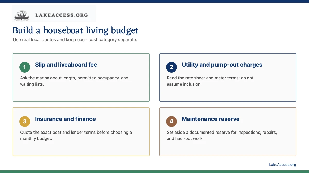 Infographic showing a houseboat living budget worksheet with slip, utilities, insurance, and maintenance checks.