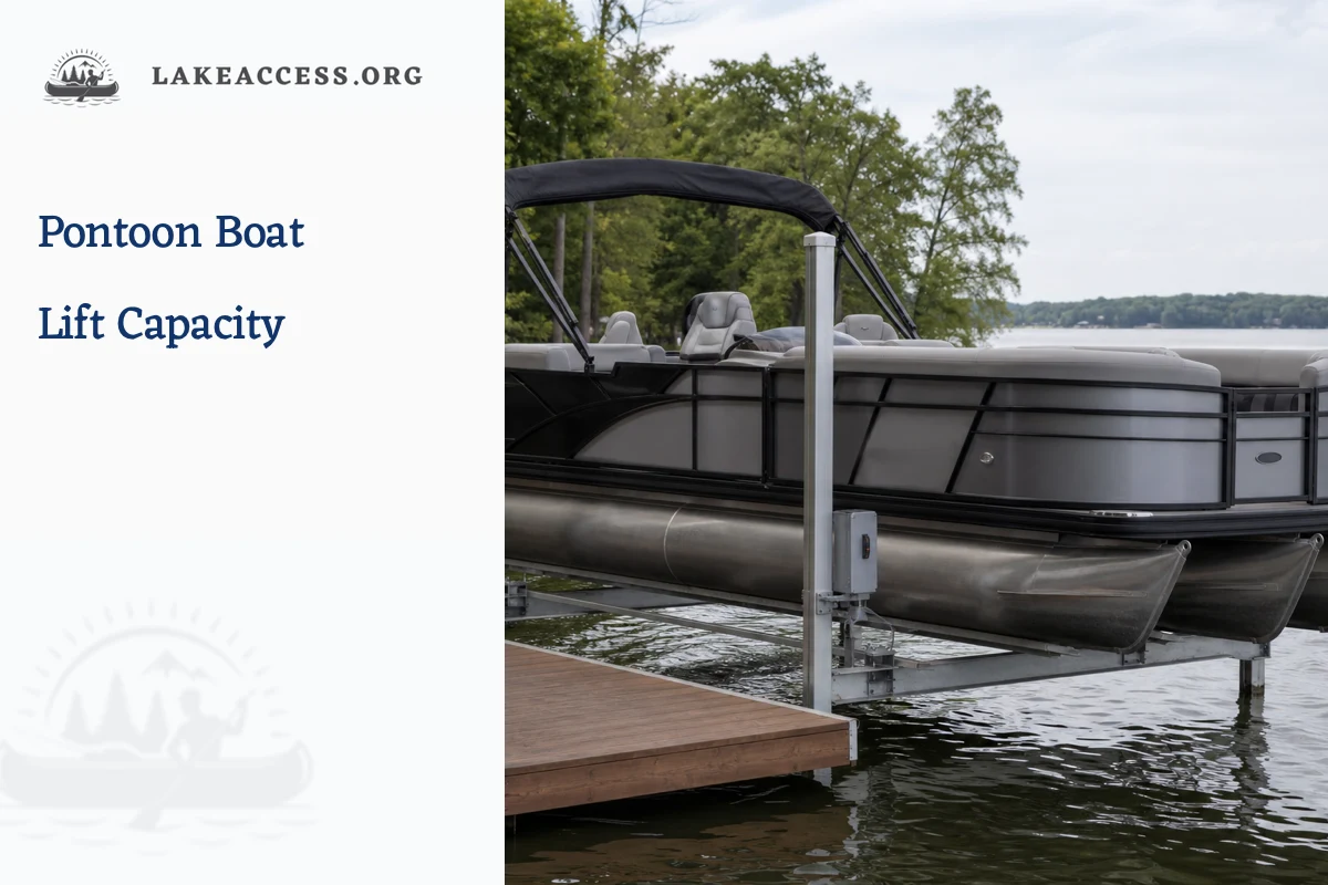Representative pontoon boat level on a fitted lift beside a freshwater dock.