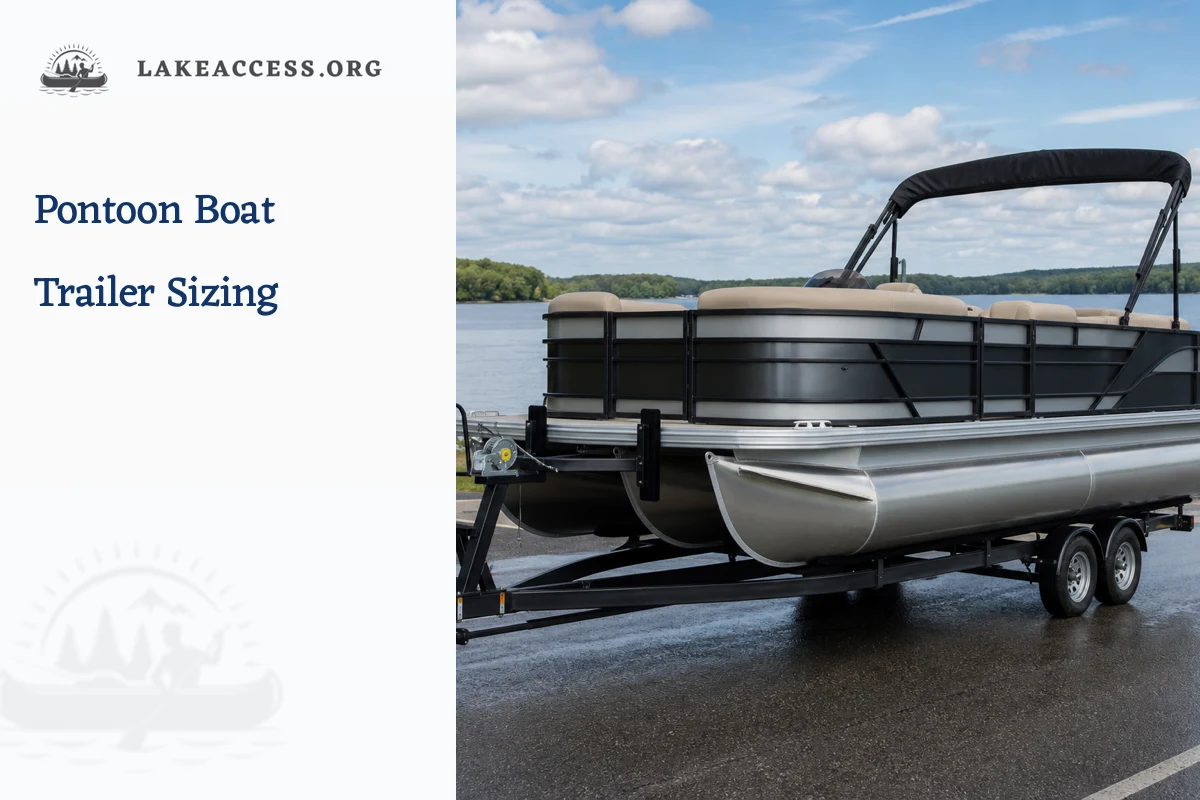 Representative pontoon boat correctly supported on a bunk trailer near a freshwater lake ramp.