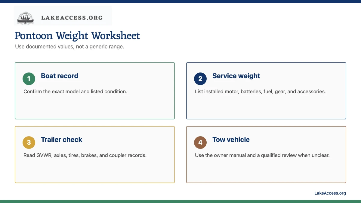 Infographic showing a pontoon weight worksheet from boat specification to tow-vehicle check.