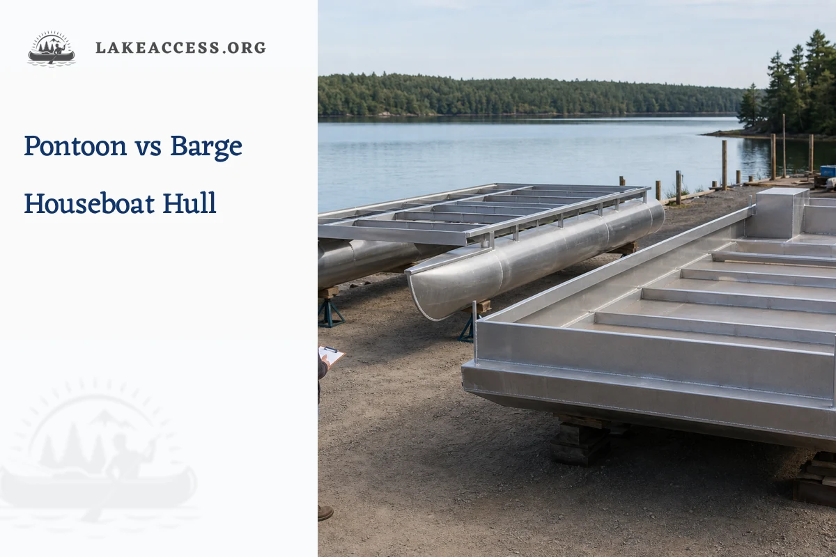 Representative twin-pontoon platform and broad barge-style hull on secure yard supports beside a freshwater lake for a design comparison.