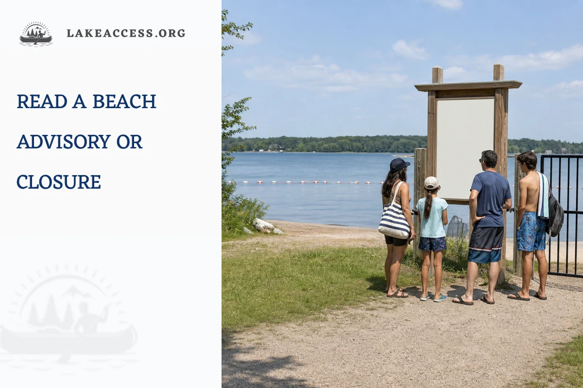 Family reading a blank public beach notice board beside a closed swim-area gate at a freshwater lake.