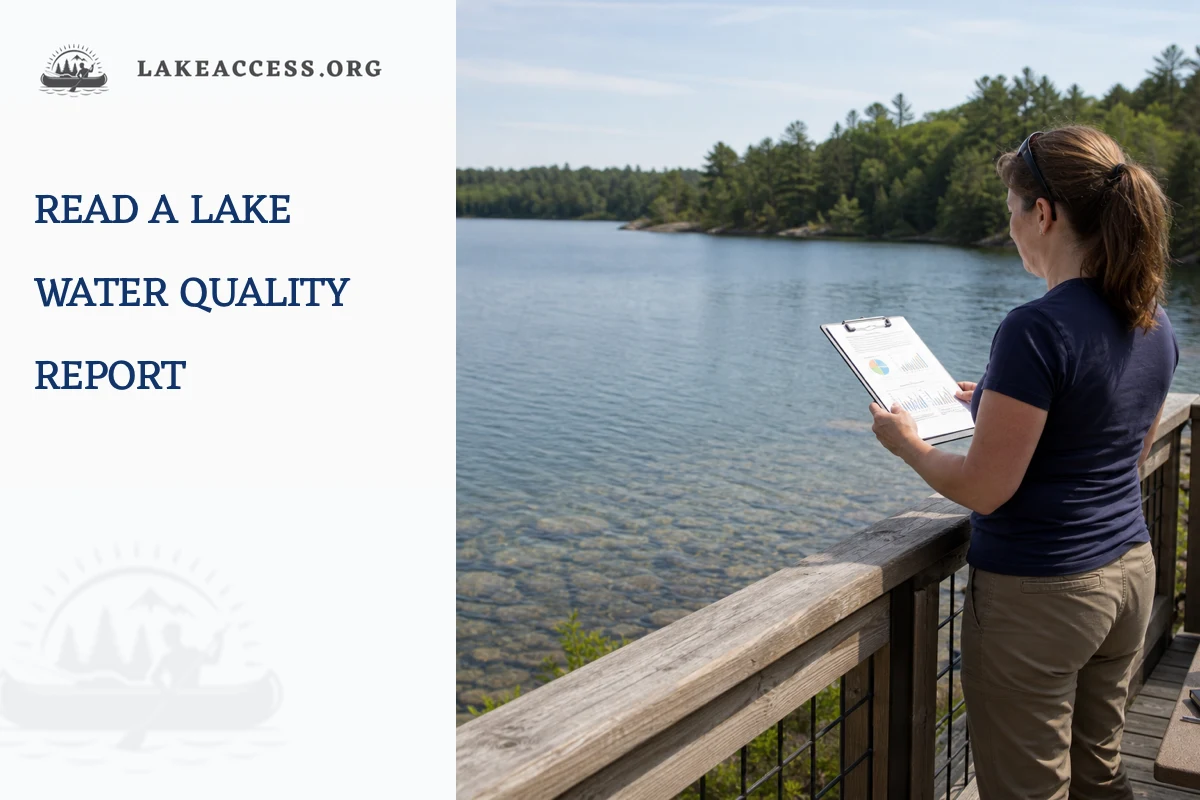 Lake visitor reviewing a water quality report from a public observation deck beside a clear freshwater lake.