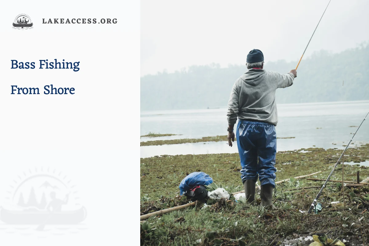 Angler standing on a legal lake shoreline with a fishing rod, representing a safe route-based approach to shore bass fishing.