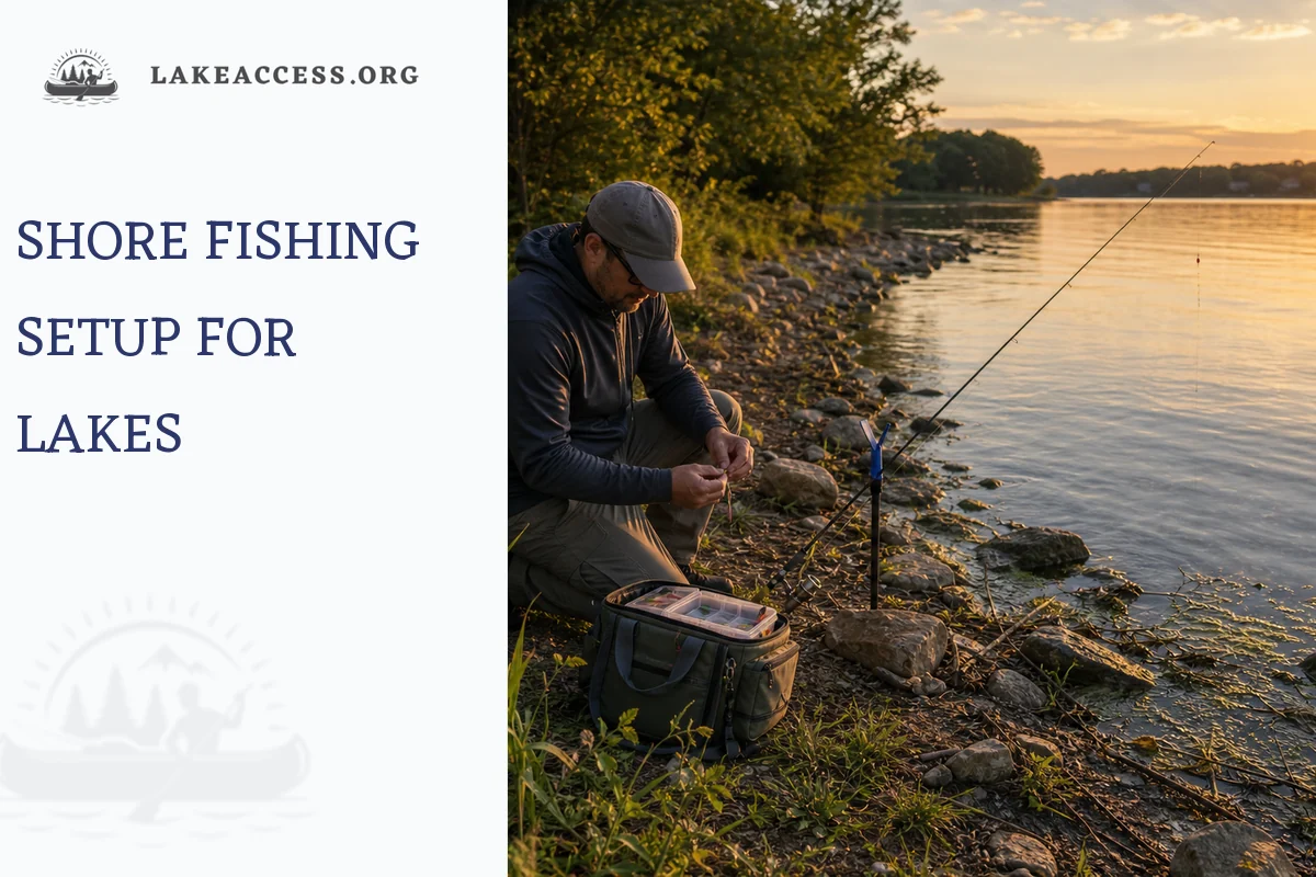 Angler organizing tackle and rods on a rocky lake shore at golden hour.