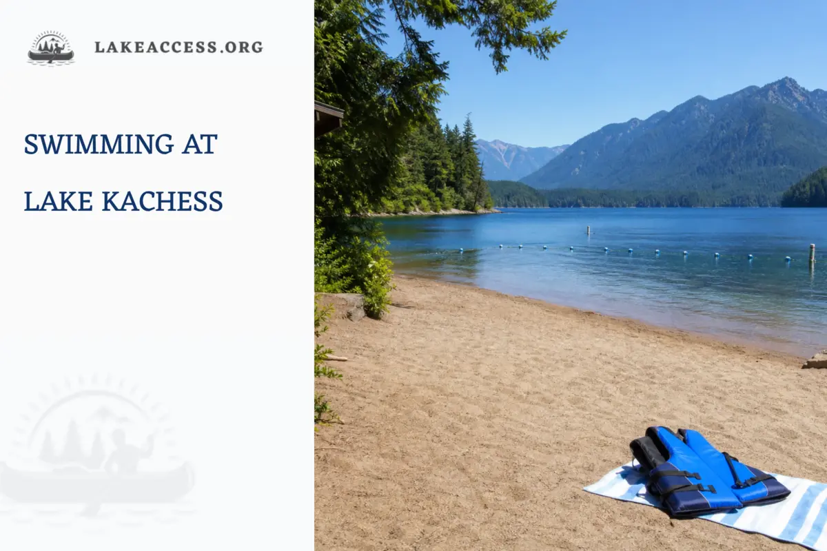 Representative marked mountain-lake swim area with a life jacket on shore.