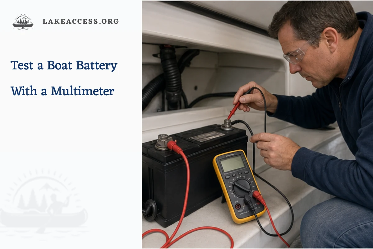 Boat owner wearing eye protection while measuring a secured 12-volt marine battery with a digital multimeter.