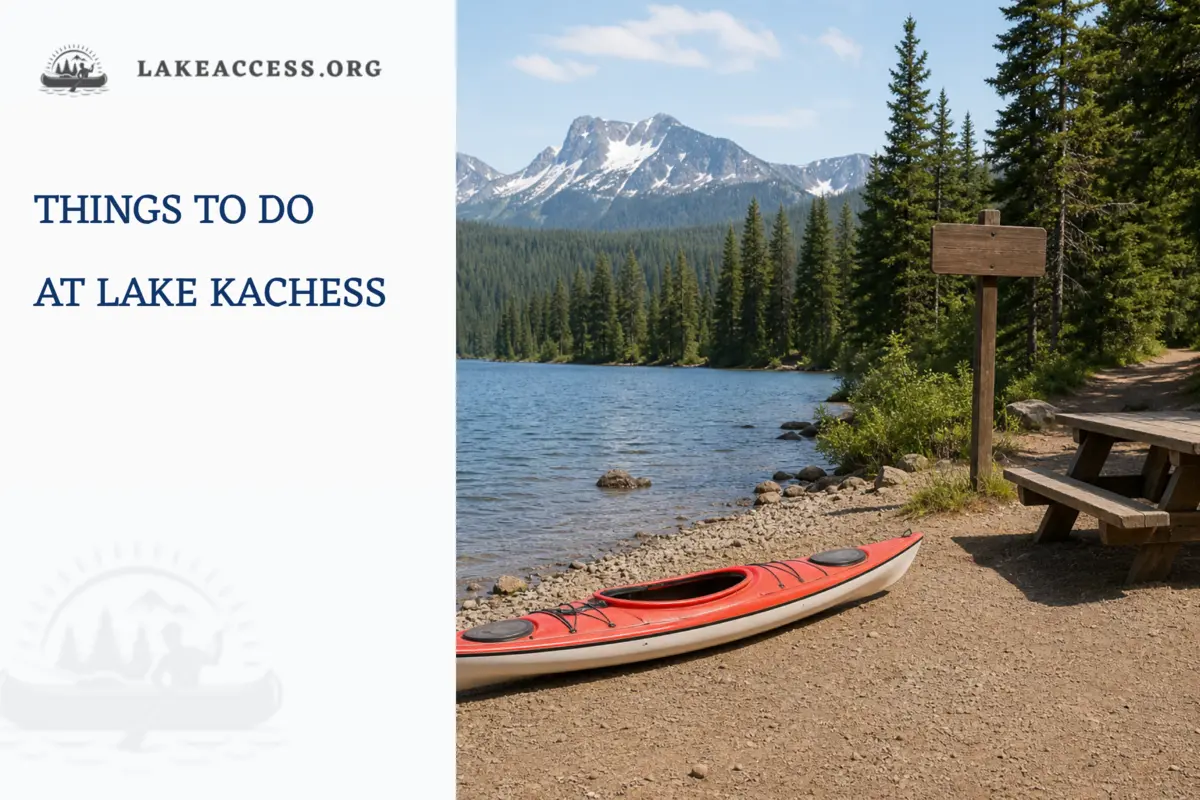 Representative kayak, picnic table, and forested mountain-lake shoreline.