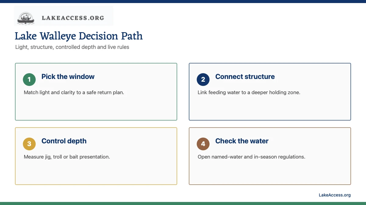 LakeAccess infographic showing four walleye decisions: light window, structure, controlled depth and current regulations.