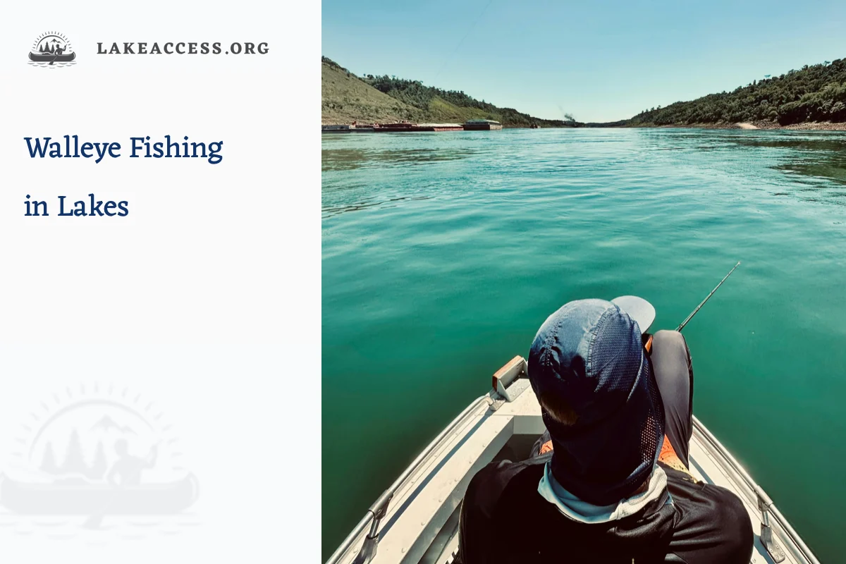 Angler in a small boat fishing a freshwater lake, representing controlled-depth walleye tactics and a safe return plan.
