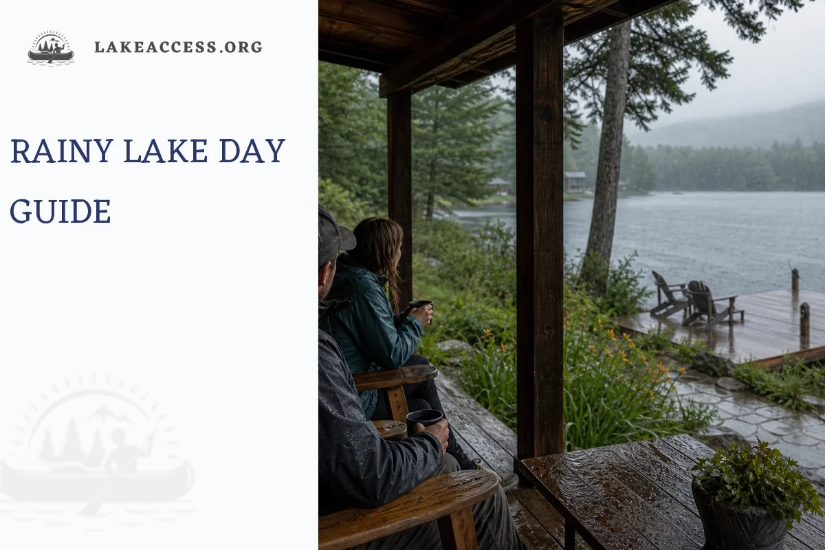 People sheltering on a covered porch beside a rainy lake.