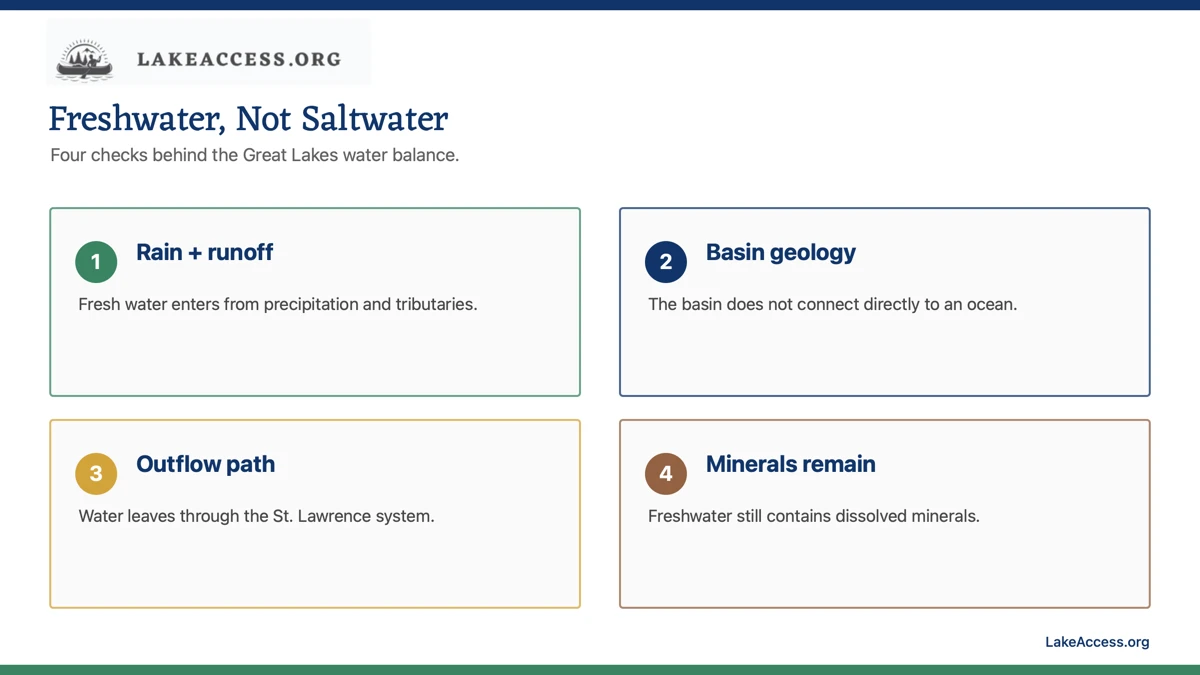 Infographic showing four parts of the Great Lakes freshwater water balance.