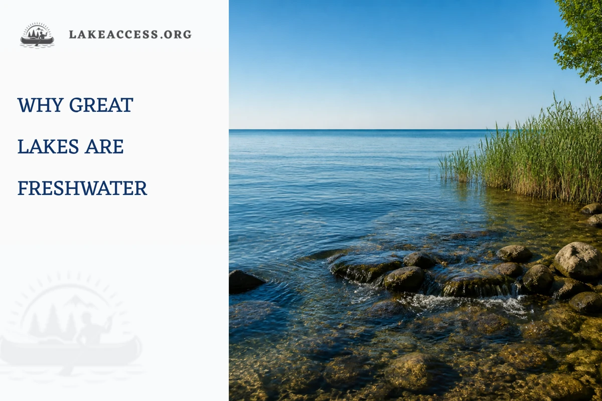 Representative Great Lakes freshwater shoreline with clear water, rocks, and reeds.